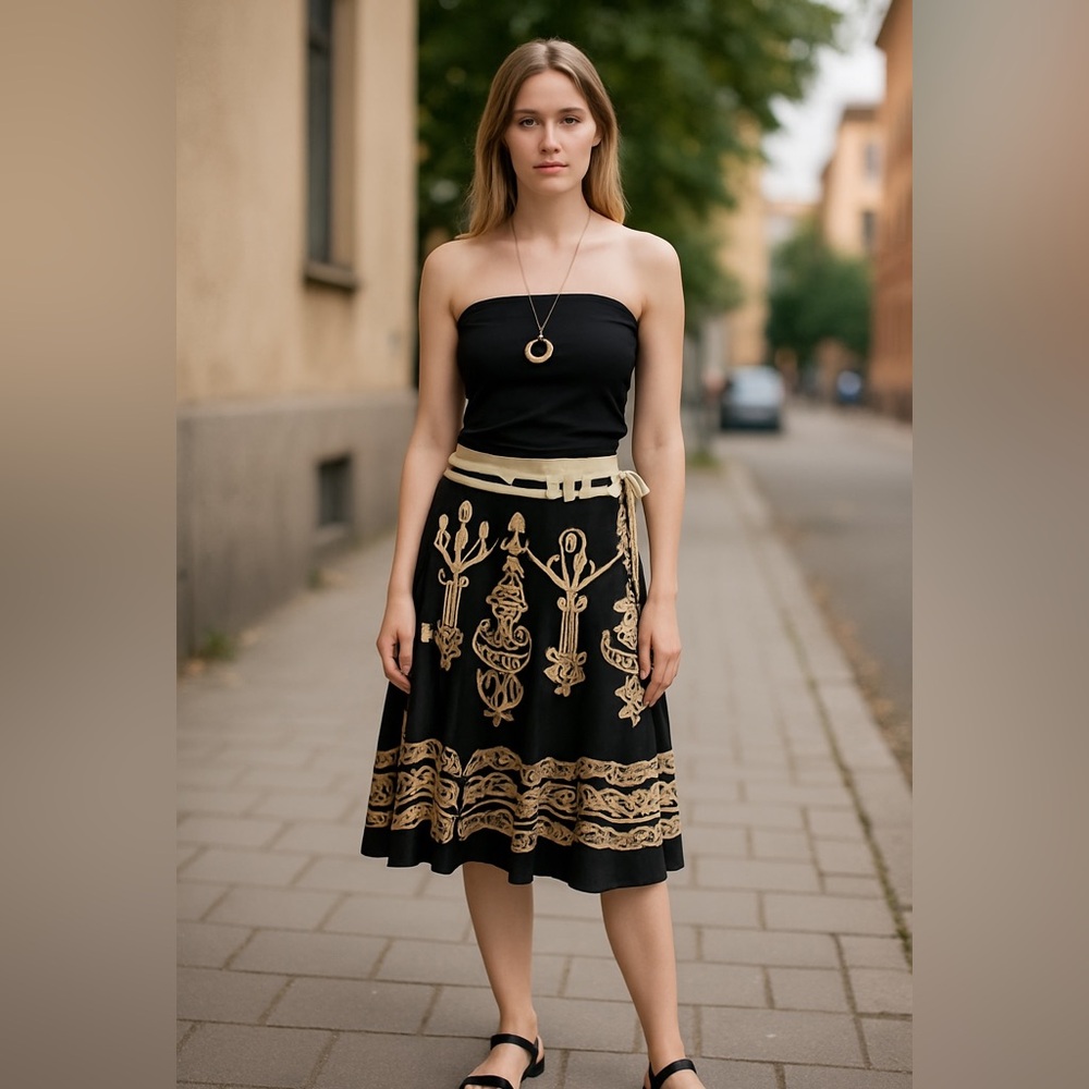 Vintage Nanette Lepore Black and Gold Bohemian Maxi Skirt size 6 EPOC